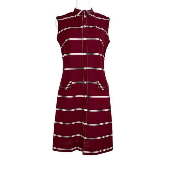 Verona Knits Vintage Sleeveless Burgundy & White Striped Mod Dress (S) - Picture 1 of 16